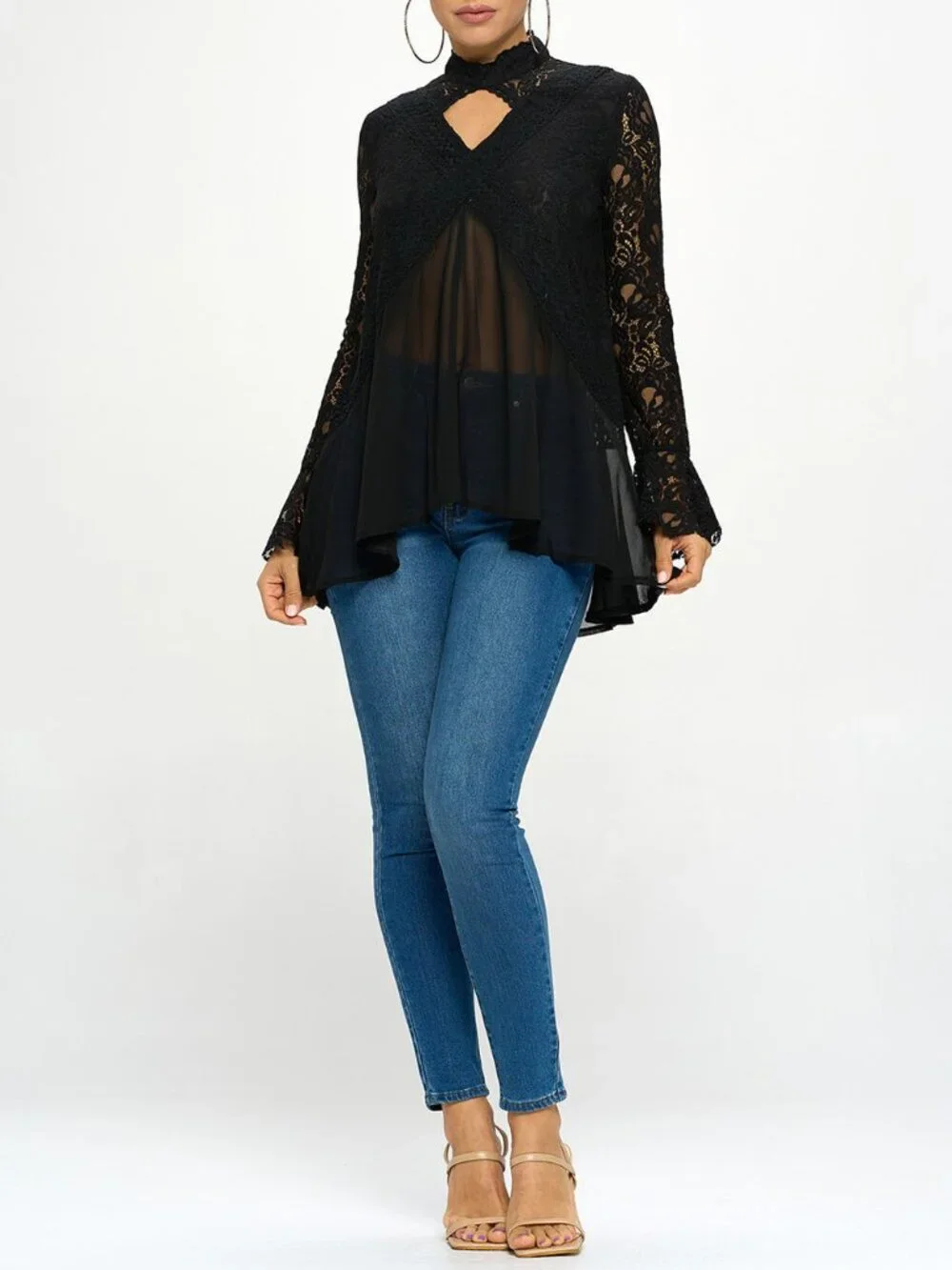 Oh Yes Flowy Lace Trim High Neck Keyhole Tunic Top Long Sleeve White New - Picture 8 of 14
